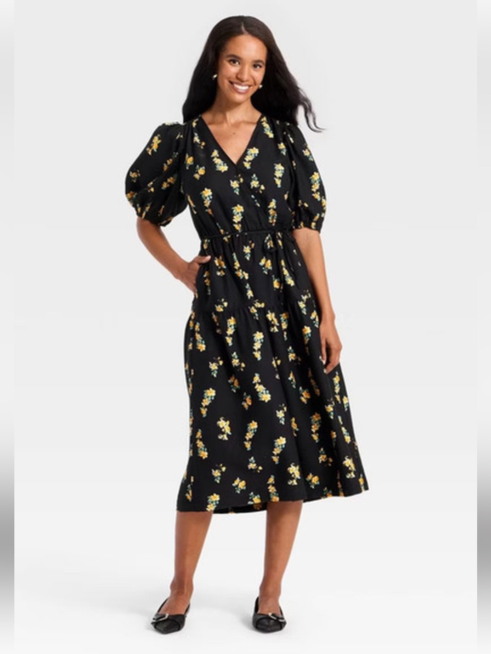 A New Day Black Short Puff Sleeve Wrap Tier Midi Dress Size Small